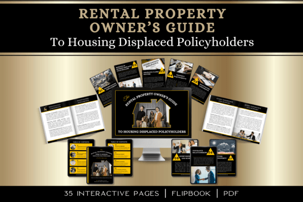 The Rental Property Owner's Guide to Housing Displaced Policyholders – a visually engaging guide showcasing interactive pages, tips, and strategies to double your rental income through insurance claims housing.