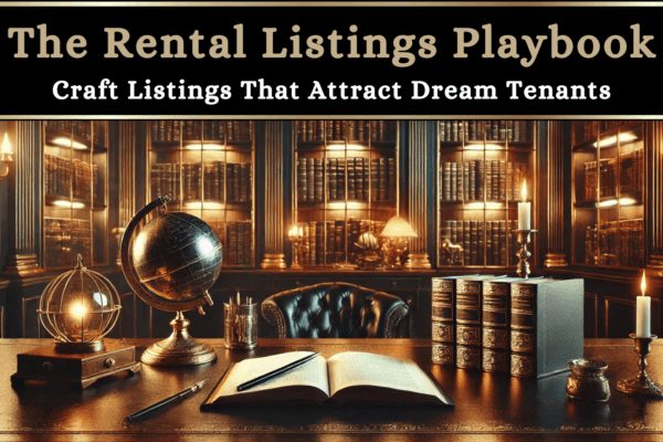 Elegant library setting with an open book and a globe on a wooden desk, representing The Rental Listings Playbook – a guide to creating captivating property listings for rental hosts.